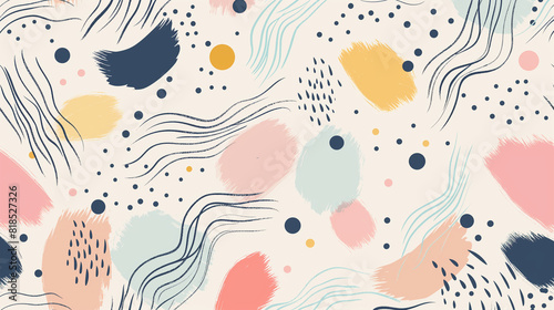 Repeating pattern of hand-drawn shapes in bright colors on a beige background, AI Generative