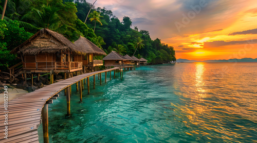 Serene Tropical Paradise: Luxurious Overwater Bungalows Amidst a Breathtaking Sunset View © Adeline