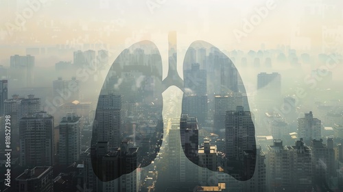 The image shows a pair of lungs made out of a cityscape. The lungs are damaged and show the negative effects of pollution and smoking. photo