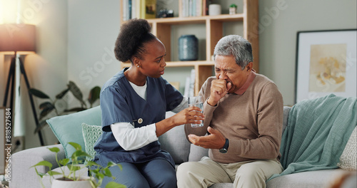 Φωτογραφία Elderly, man and coughing with nurse for healthcare with water, consultation support or chest pain