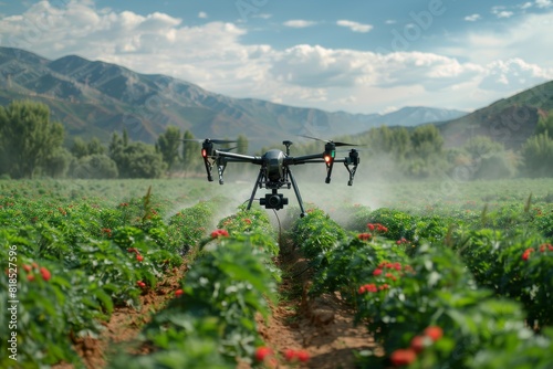 Farming drones deploy pesticides over lush crops, using isometric views for targeted spraying, enhancing agricultural health and field productivity photo