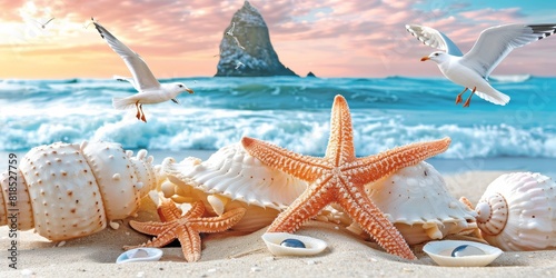 Scenic Beach with Seashells and Starfish in the Foreground, Seagulls Flying Near Ocean Waves, Rocky Island at Sunset Background