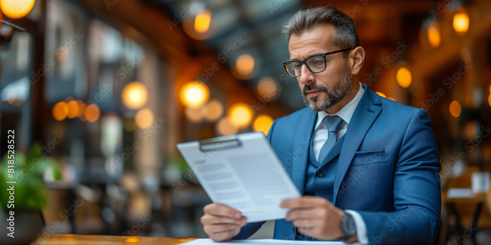 the businessman reading the contract document and focusing in detail on document, the businessman reading the contract document and focusing in detail on document,