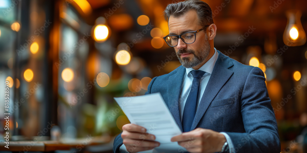 the businessman reading the contract document and focusing in detail on document, the businessman reading the contract document and focusing in detail on document,