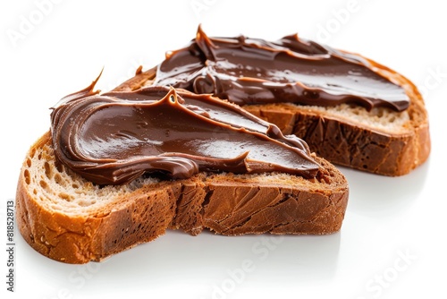 Two slices of bread with chocolate spread isolated on white background AIG51A. photo