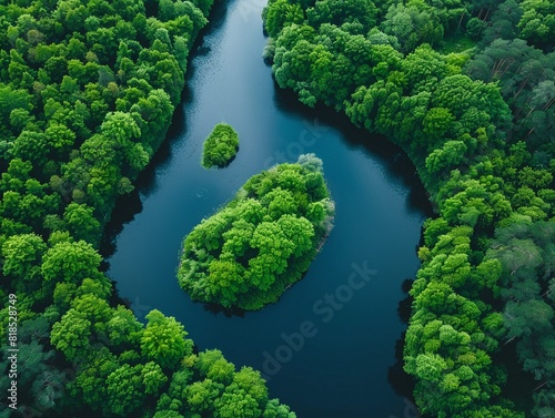 Utopian river winding through a peaceful forest, aerial perspective, tranquil waters , Ideogram