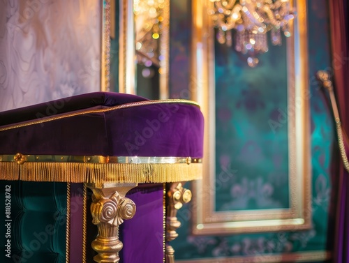 Opulent jewel-toned velvet podium with golden trim, under soft, classic chandelier lighting in a vintage setting