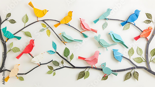 Colorful origami birds perched on intertwining branches, a playful scene