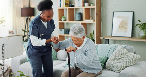 Senior, woman and caregiver with help or walking stick for mobility, injury healing and retirement support in nursing home. Elderly person, nurse and helpful with movement or medical care in homecare