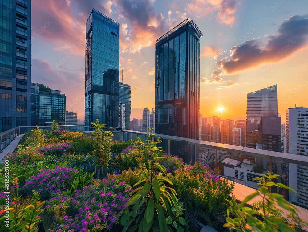 Fototapeta premium Ecofriendly rooftop garden, modern city background, sunrise, high angle view , high resolution