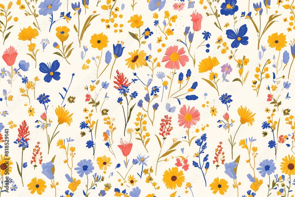 Wildflowers and butterflies whimsically scattered across a seamless pattern