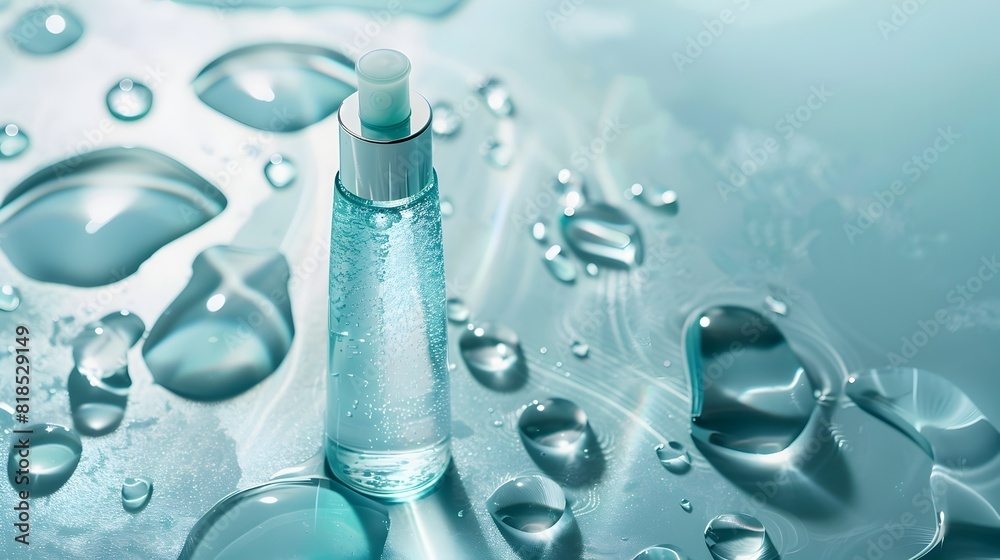 Feminine Beauty Serum in Turquoise Hued Glass Bottle with Water Droplets Feminine Beauty Serum in Turquoise Hued Glass Bottle with Water Droplets