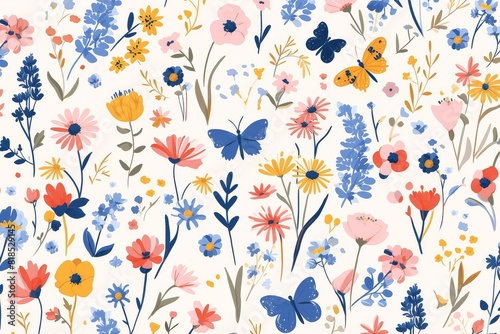 Wildflowers and butterflies whimsically scattered across a seamless pattern photo