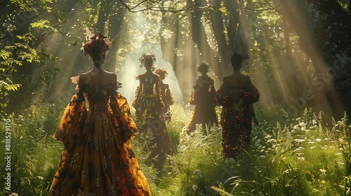 Highfashion runway in a forest, models in couture, dappled sunlight, straighton shot , DALL-E 2 photo