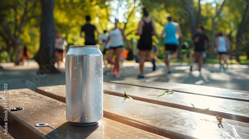 White Beverage Can on Table in Lively Urban Park with Runners