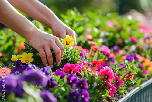 Hands planting colorful flowers in a garden