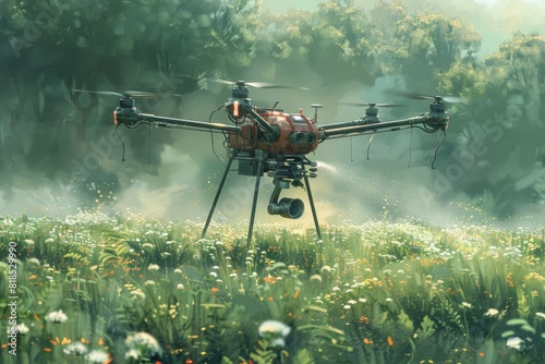 drones navigate green crops with precision, applying pesticides efficiently to enhance crop health and sustainable farming