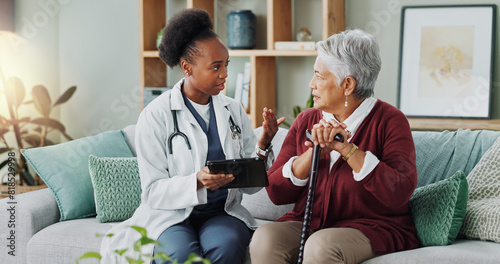 Elderly, woman and doctor with tablet for consultation with expert advice, explaining and healthcare support. Senior patient, nurse and discussion in nursing home, medical diagnosis and assessment
