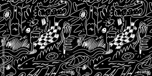 Picnic food seamless pattern on black background. Wicker basket, blankets, romantic outdoor lunch, wine and baguette wallpaper. Design for fabric, print, cover, banner, wallpaper. Vector illustration.