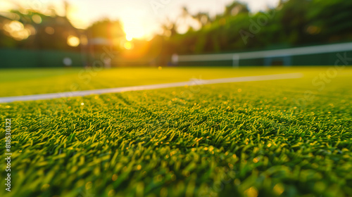close-up freshly cut grass tennis court, tennis court at sunrise, tennis club tournament photo