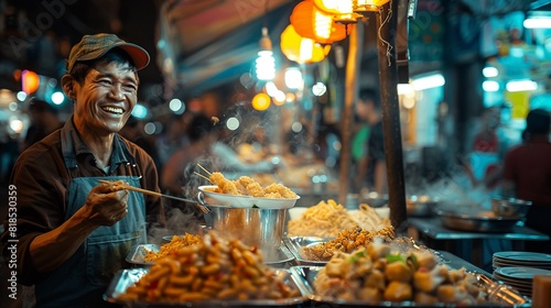 Street food vendor laughing with customers, engaging, warm night lighting , vibrant color
