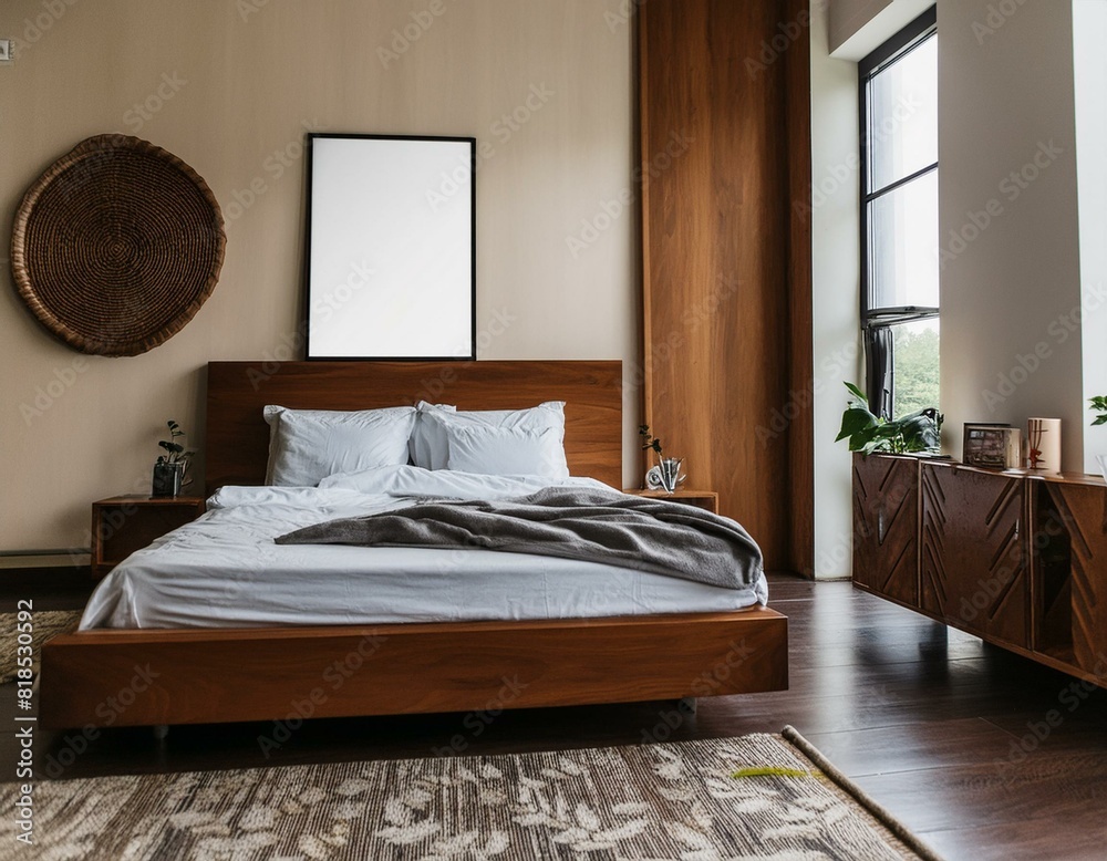 Obraz premium Wooden home bedroom interior with bed and nightstand with decor. Mock up frame