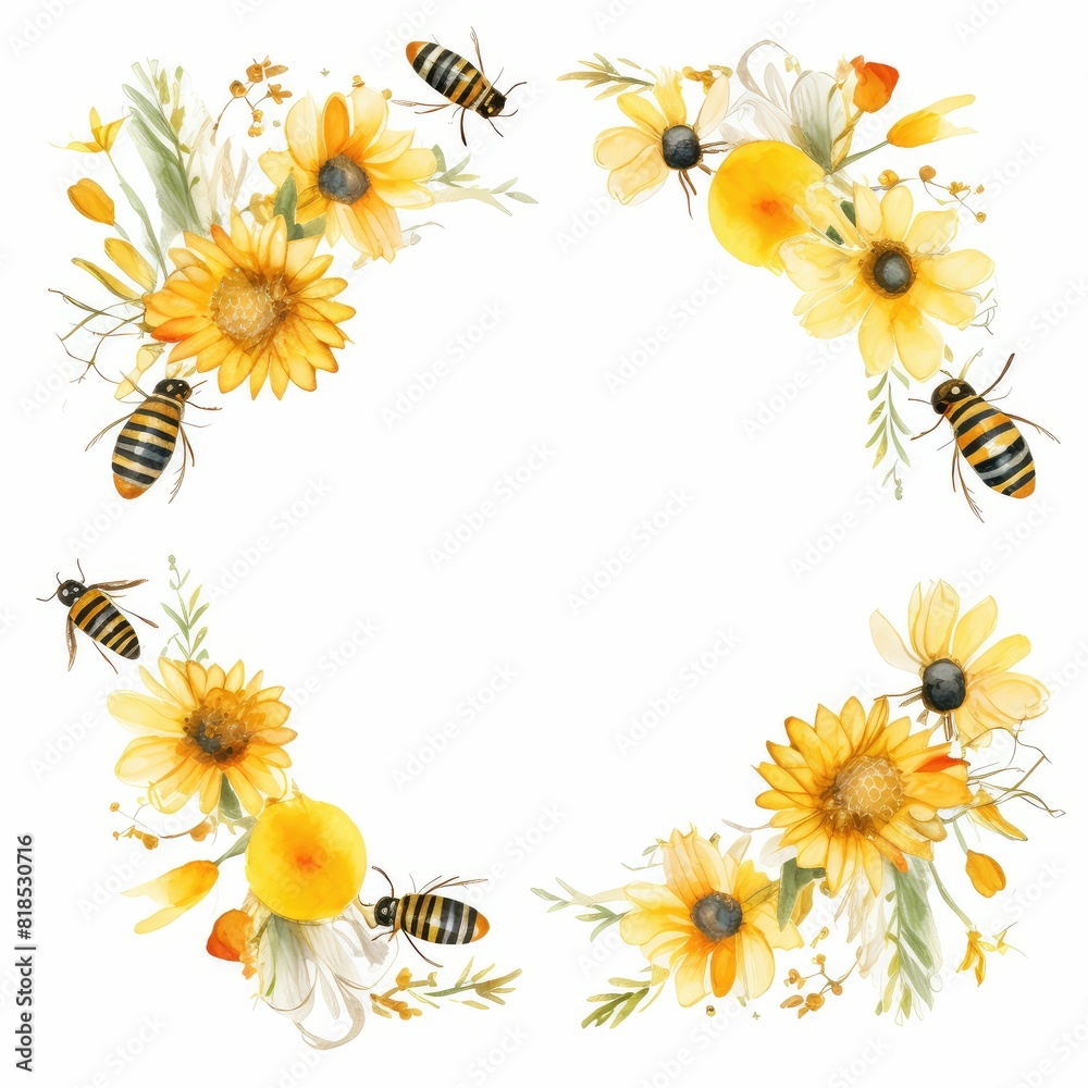 cute bee and flower themed frame or border for photos and text, watercolor illustration, Perfect for nursery art, simple clipart, single object, white color background. cute bee and flower themed frame or border for photos and text, watercolor illustration, Perfect for nursery art, simple clipart, single object, white color background.
