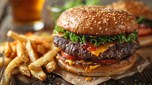 Fast food. A big burger with beef fries 