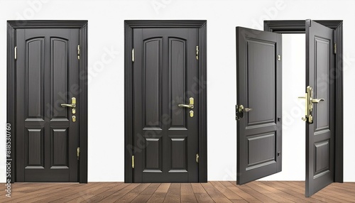 3d open and close house or office front door frame. Realistic black ajar doorframe with handle asset lock and welcome. Closed wooden exit for opportunity elements. Dark shut way to living room design  photo