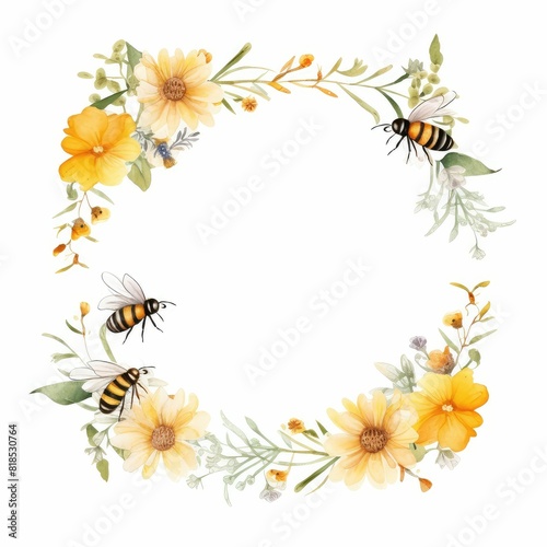 cute bee and flower themed frame or border for photos and text  watercolor illustration  Perfect for nursery art  simple clipart  single object  white color background. 