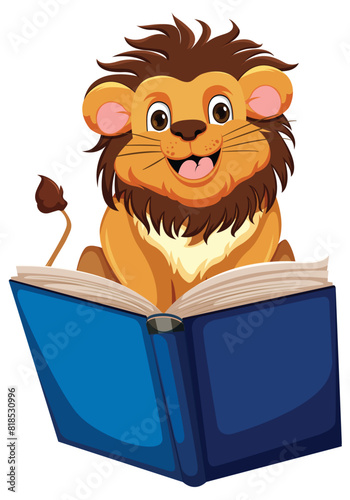 Cartoon lion reading a blue book happily