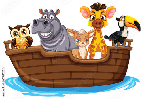 Colorful animals in a boat on water illustration
