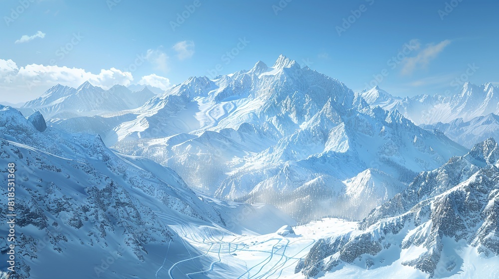 Fototapeta premium Over the Alps during winter, snowcovered peaks, ski tracks , hyper detailed
