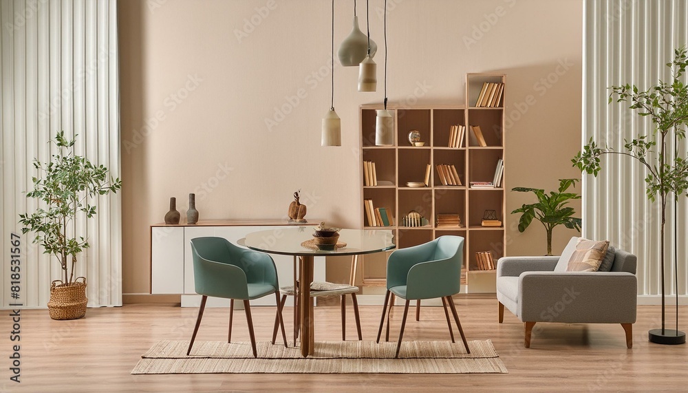 Fototapeta premium Luxury home living room interior with table and chairs, shelf and mockup wall