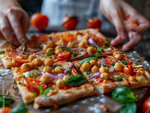 Glutenfree chickpea pizza, colorful toppings, family kitchen, hands serving , high resolution photo