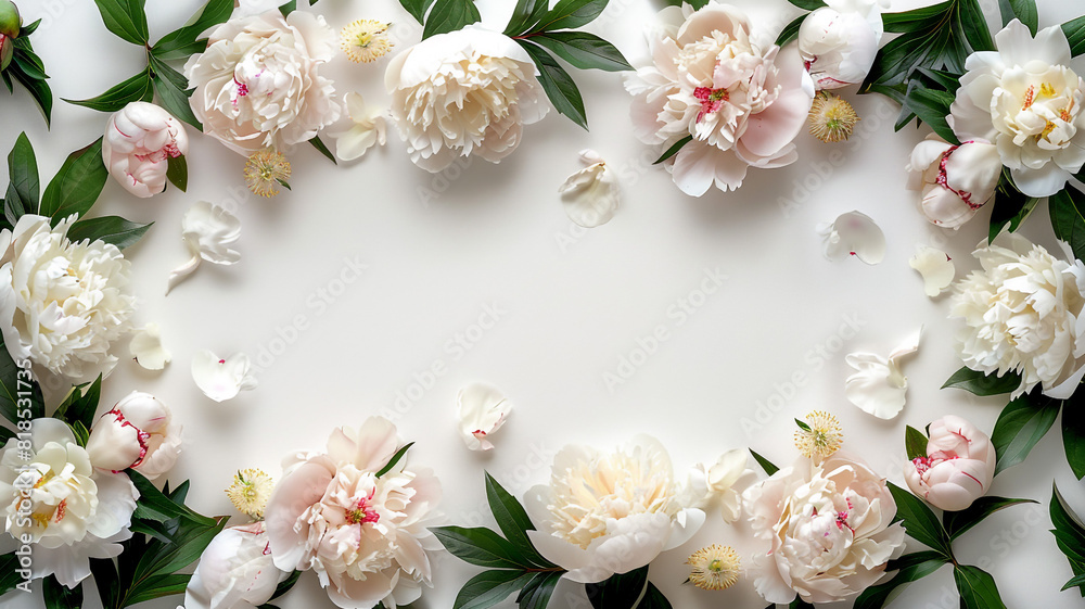 White peony flowers with green leaves on white background top view ...