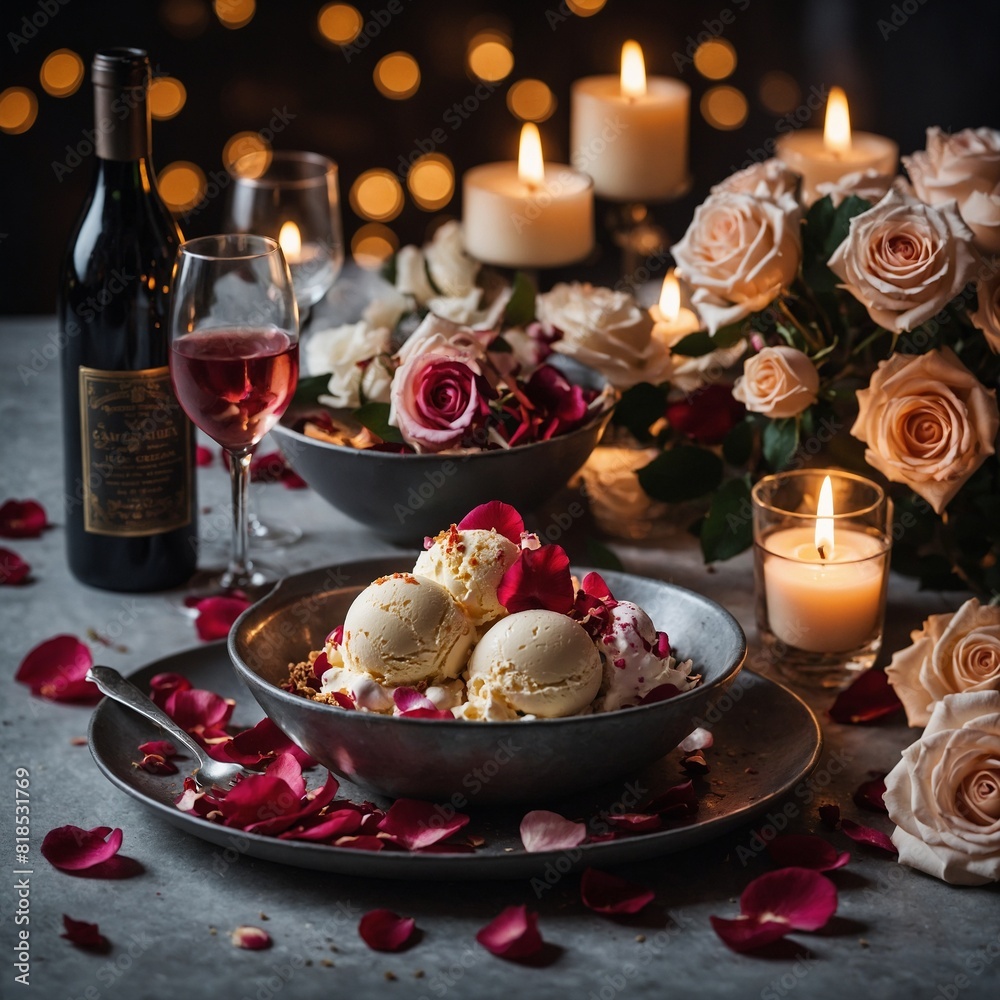 A romantic candlelit dinner with a shared bowl of gourmet ice cream, served on a table adorned with rose petals.

