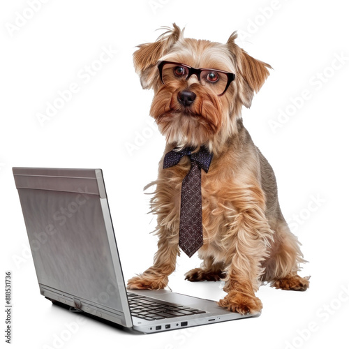 dog wearing glasses and tie using laptop, full body standing on transparency background PNG 