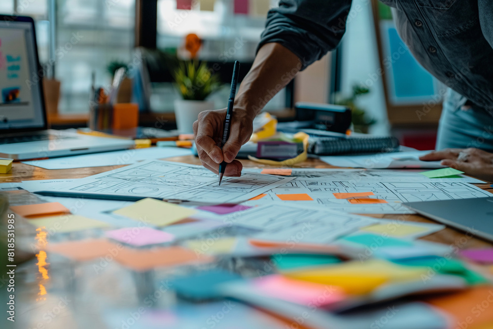 Creative man working on new project, writing short note on map. Creative man working on new project, writing short note on map.