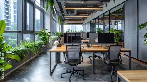 Modern Office Interior design. Modern office space with green plants and city view
