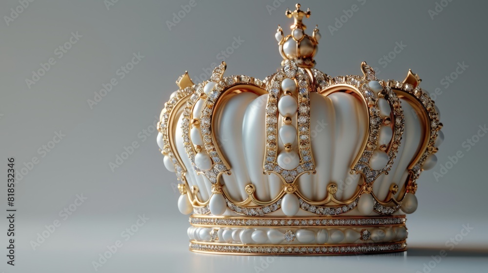 Fototapeta premium Front View of Golden Crown on Gray Background, Elegant Design, No Shadow Under Coin