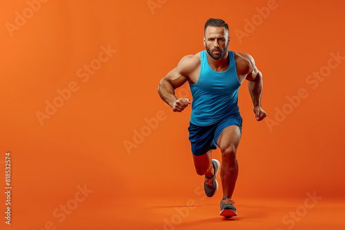 Caucasian muscle man running pose on orange background