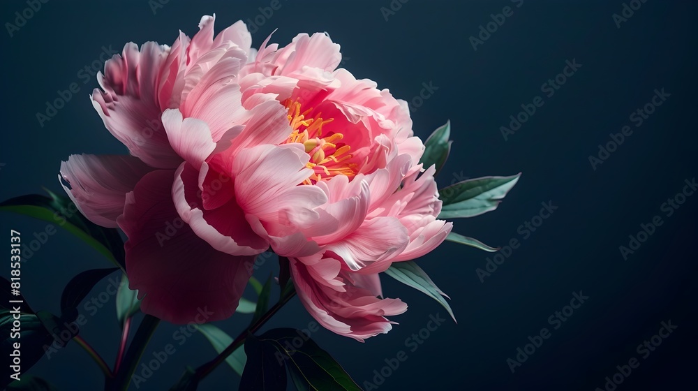 Stunning Pink Peony Flower in Mirror Reflection on Black Background Stunning Pink Peony Flower in Mirror Reflection on Black Background