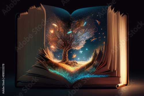 Open book with magic tree and magical lights on pages on dark background. Bible. Fairy Tale concept. Fantastic reading world. Reading and imagination. World Book Day