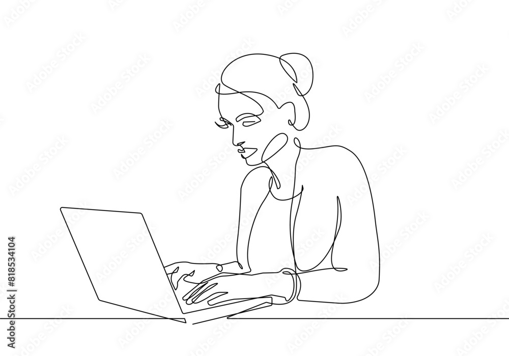 Businesswoman with Laptop Continuous Line Drawing. Abstract Female Drawing One Line Style. Minimalist Business Concept, Woman Line Drawing. Female Modern Contemporary Portrait. Vector EPS 10 Businesswoman with Laptop Continuous Line Drawing. Abstract Female Drawing One Line Style. Minimalist Business Concept, Woman Line Drawing. Female Modern Contemporary Portrait. Vector EPS 10