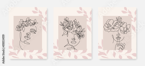 Set of Wall Art Boho Prints with Line Art Drawing of Woman Face and Flowers. Line Art Template with Female Portrait for Trendy Minimalistic Design.  Hand Drawn Vector Sketch Female Face Prints Set.