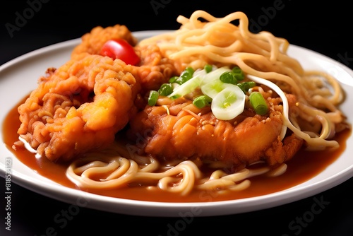 Japanese curry with udon noodle and deep fried chicken tenderloin topping.