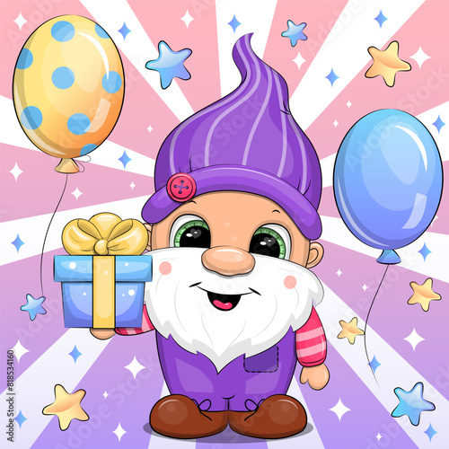 Cute cartoon gnome holds a gift. Birthday vector illustration on colorful background with stars and balloons.