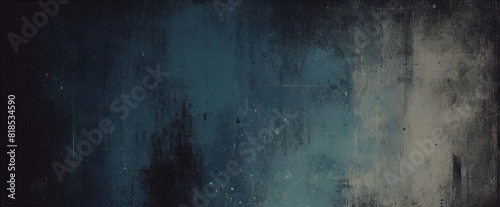 dark blue background texture with black vignette in old vintage grunge textured border design dark elegant teal color wall with light spotlight center photo