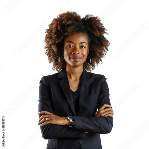 Confident African American Businesswoman with Curly Hair in Professional Attire on Transparent Background
